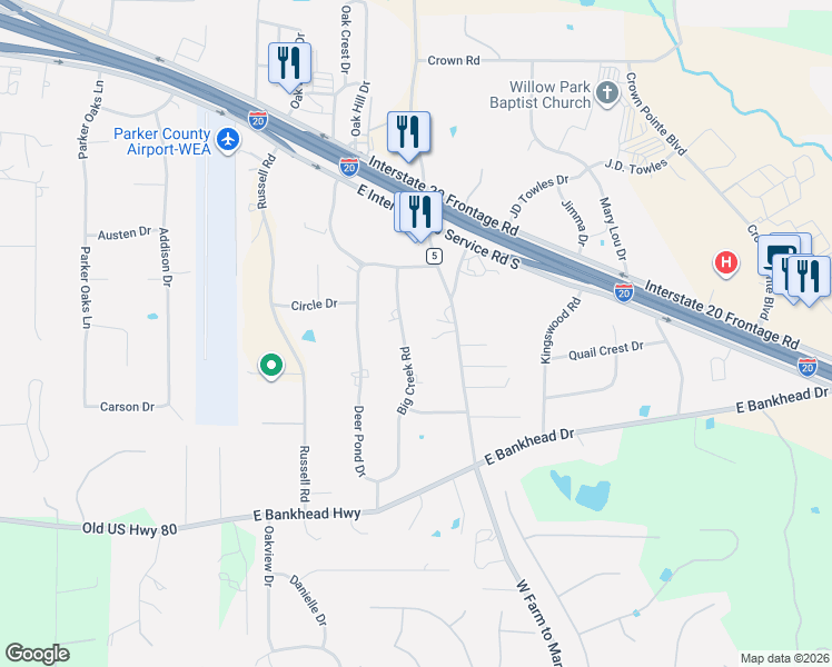 map of restaurants, bars, coffee shops, grocery stores, and more near 216 Annetta Road in Willow Park