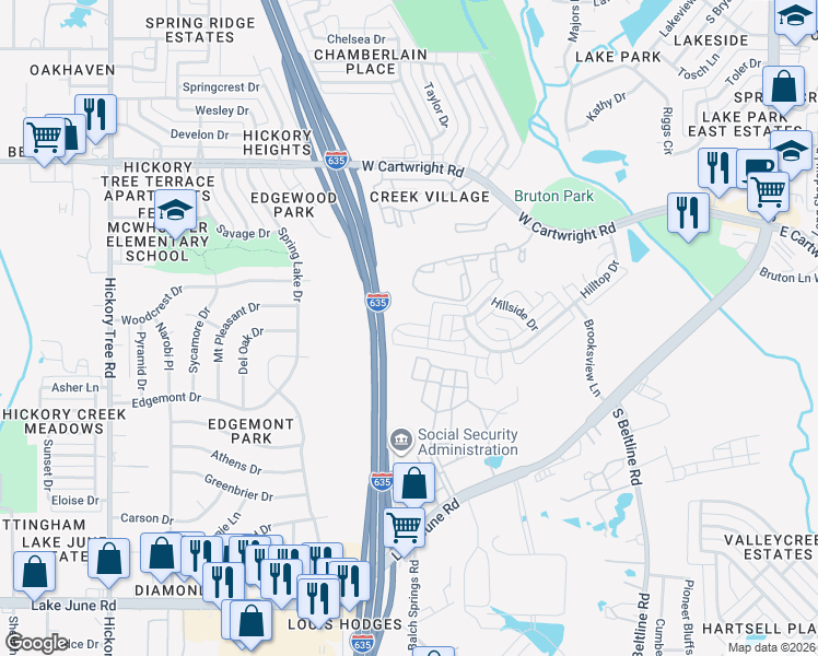 map of restaurants, bars, coffee shops, grocery stores, and more near 12611 Ridgeside Drive in Balch Springs