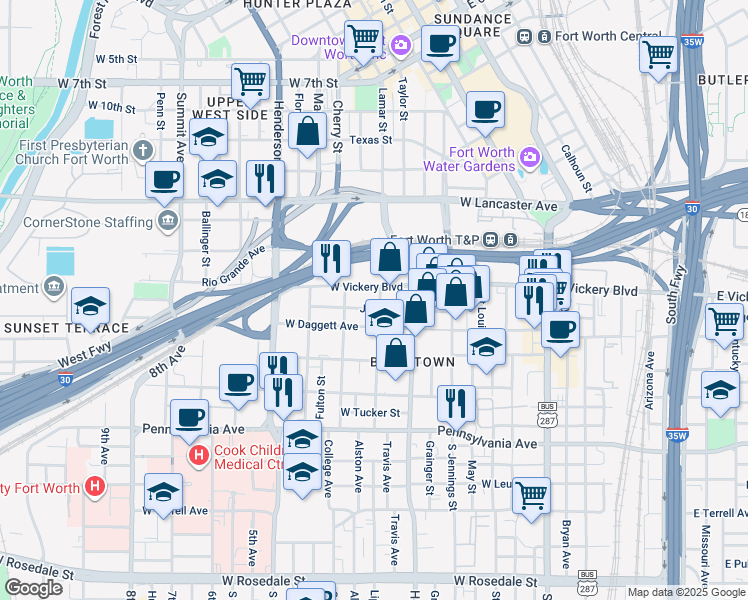 map of restaurants, bars, coffee shops, grocery stores, and more near 801 West Vickery Boulevard in Fort Worth