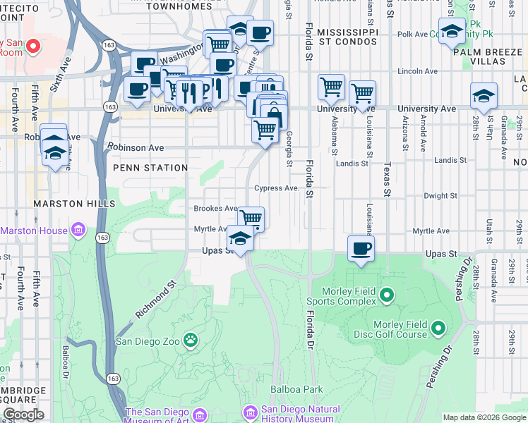 map of restaurants, bars, coffee shops, grocery stores, and more near 3544 Indiana Street in San Diego