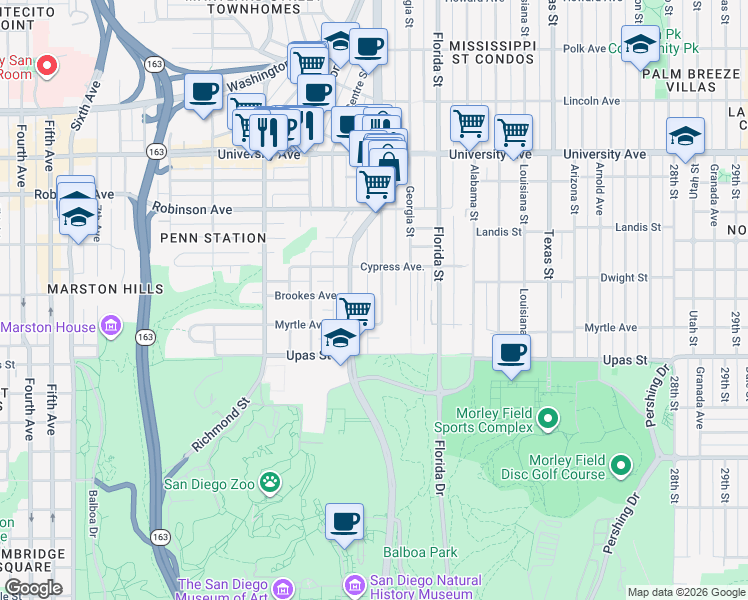 map of restaurants, bars, coffee shops, grocery stores, and more near 3544 Indiana Street in San Diego