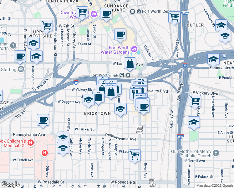 map of restaurants, bars, coffee shops, grocery stores, and more near 112 Saint Louis Avenue in Fort Worth