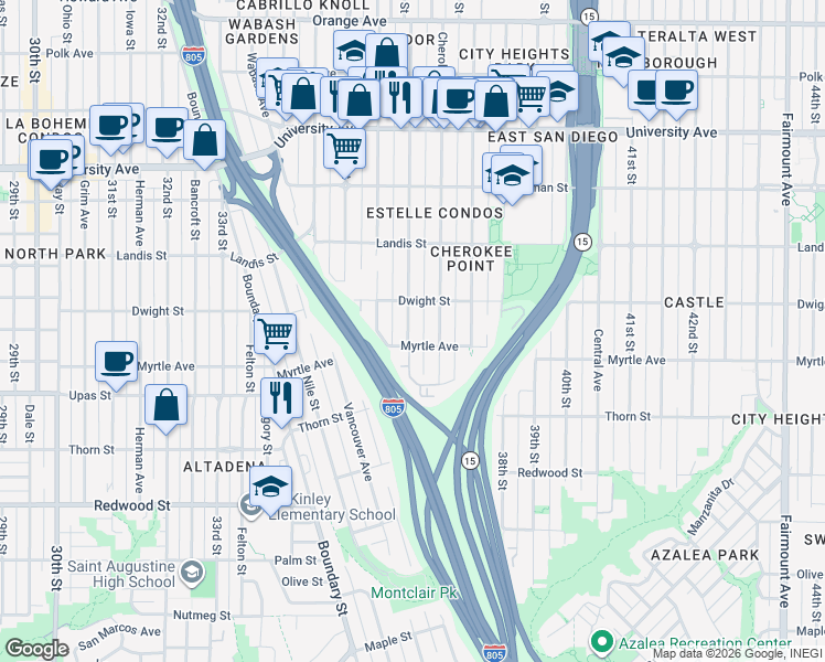 map of restaurants, bars, coffee shops, grocery stores, and more near 3517 36th Street in San Diego