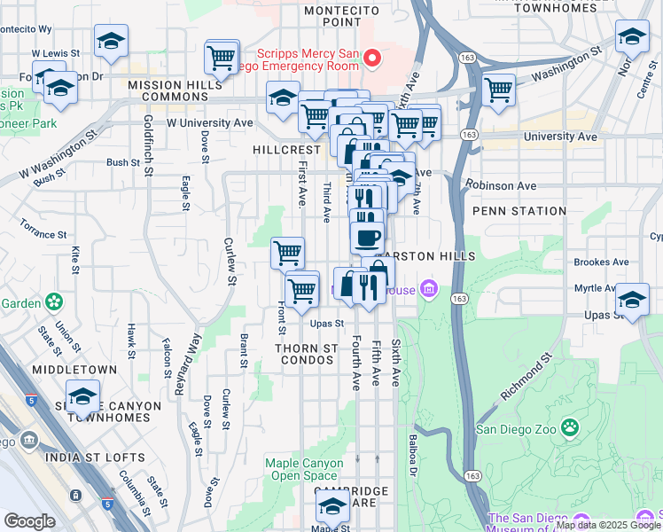 map of restaurants, bars, coffee shops, grocery stores, and more near in San Diego