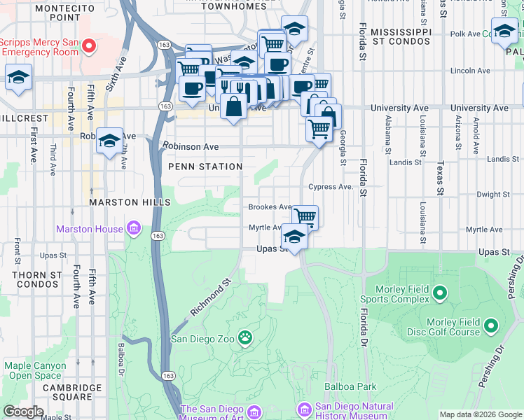 map of restaurants, bars, coffee shops, grocery stores, and more near 3605 Albert Street in San Diego