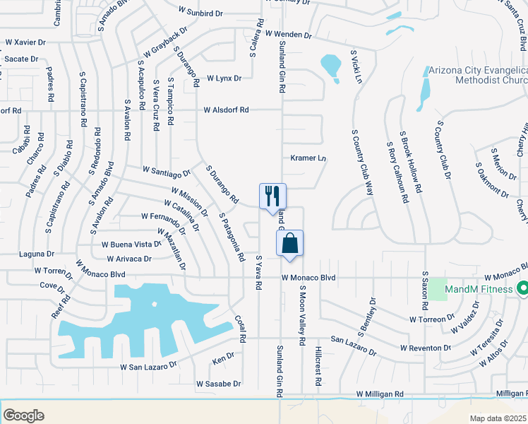 map of restaurants, bars, coffee shops, grocery stores, and more near 15055 South Yava Road in Arizona City