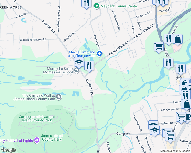 map of restaurants, bars, coffee shops, grocery stores, and more near 1971 Central Park Road in Charleston