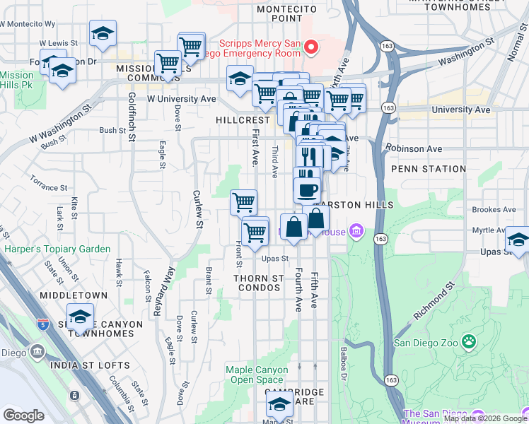 map of restaurants, bars, coffee shops, grocery stores, and more near 121 Brookes Avenue in San Diego