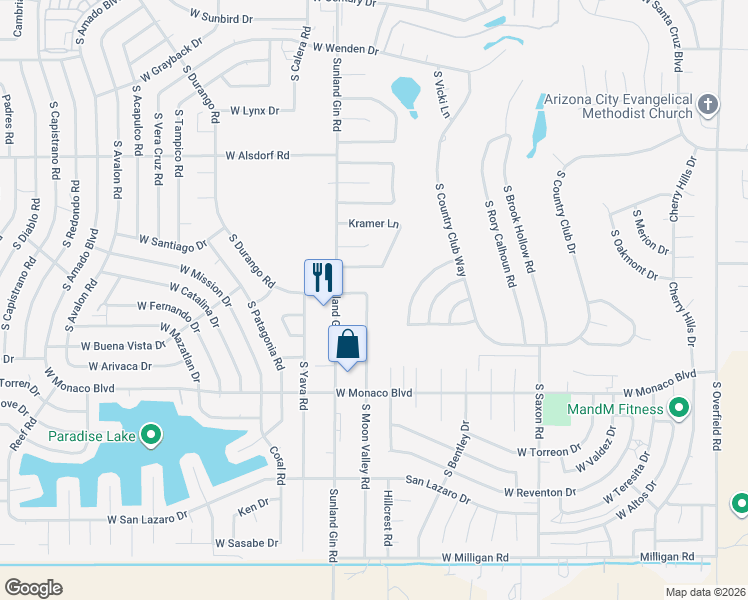 map of restaurants, bars, coffee shops, grocery stores, and more near 15025 South Moon Valley Road in Arizona City