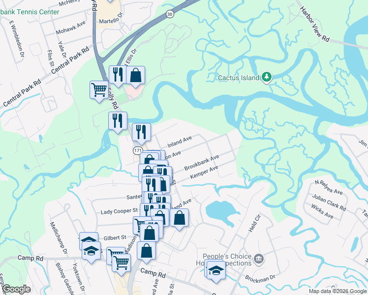 map of restaurants, bars, coffee shops, grocery stores, and more near 1530 Patterson Avenue in Charleston