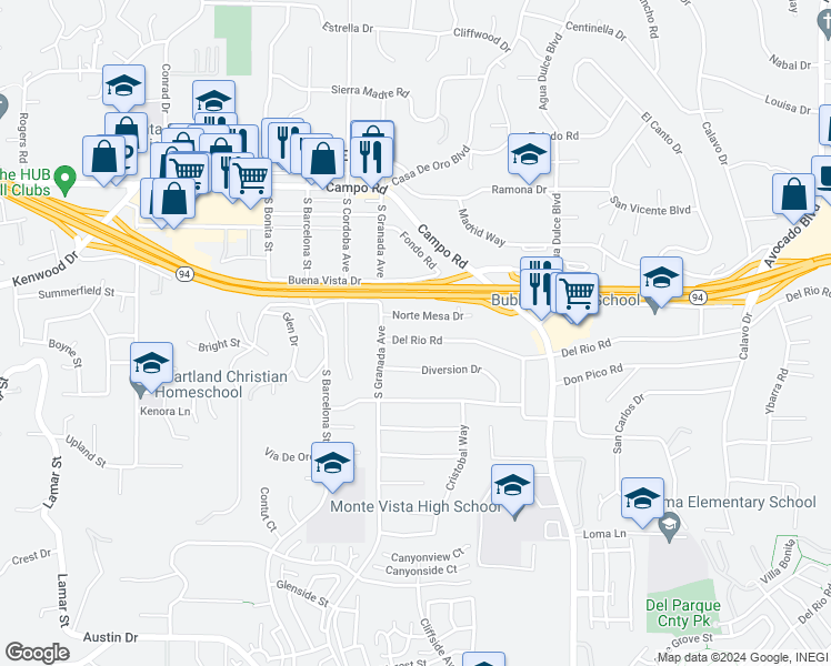 map of restaurants, bars, coffee shops, grocery stores, and more near 10034 Del Rio Road in Spring Valley