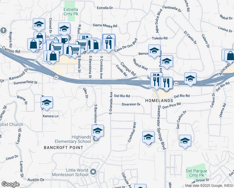 map of restaurants, bars, coffee shops, grocery stores, and more near 10043 Norte Mesa Drive in Spring Valley