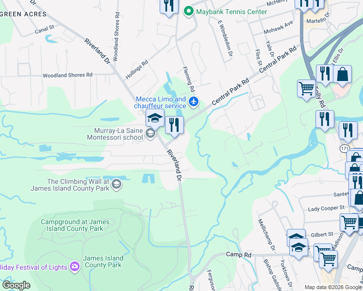map of restaurants, bars, coffee shops, grocery stores, and more near 1971 Central Park Road in Charleston