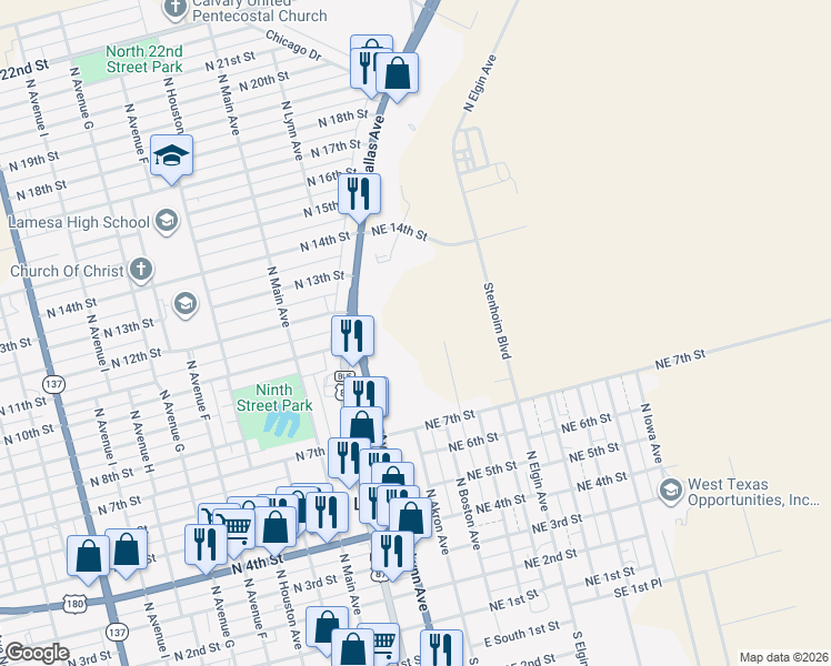 map of restaurants, bars, coffee shops, grocery stores, and more near 1213 North Lynn Avenue in Lamesa