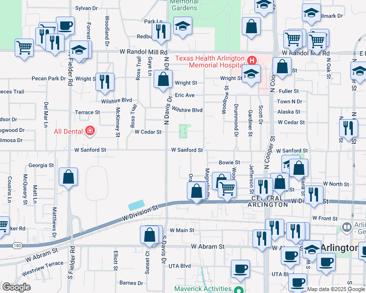 map of restaurants, bars, coffee shops, grocery stores, and more near 1105 West Sanford Street in Arlington