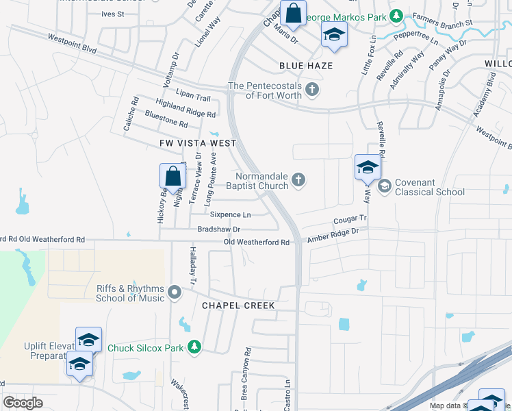 map of restaurants, bars, coffee shops, grocery stores, and more near 10405 Unity Drive in Fort Worth