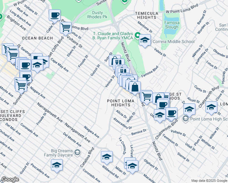 map of restaurants, bars, coffee shops, grocery stores, and more near in San Diego