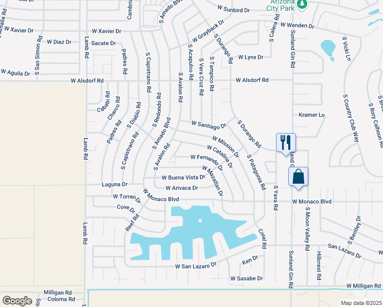 map of restaurants, bars, coffee shops, grocery stores, and more near 10436 West Fernando Drive in Arizona City