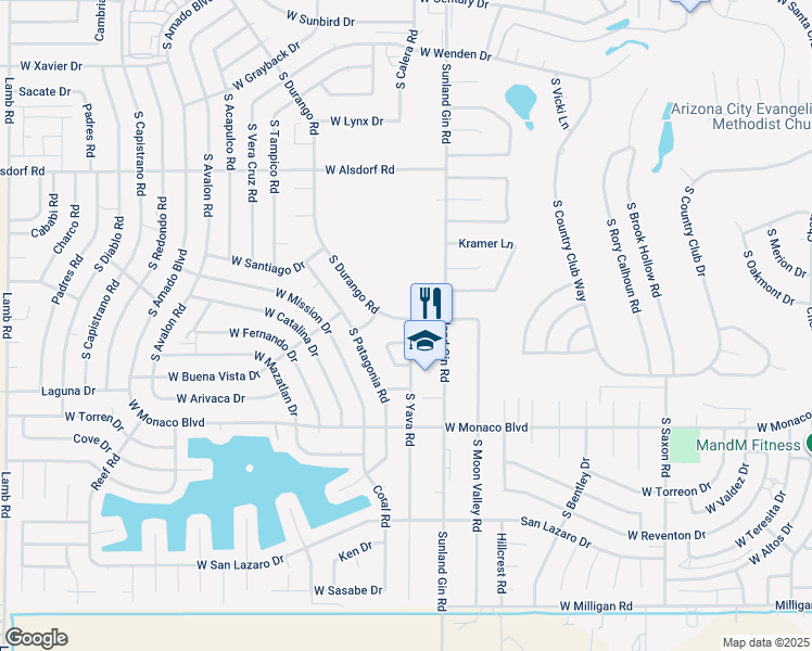 map of restaurants, bars, coffee shops, grocery stores, and more near 15055 South Yava Road in Arizona City