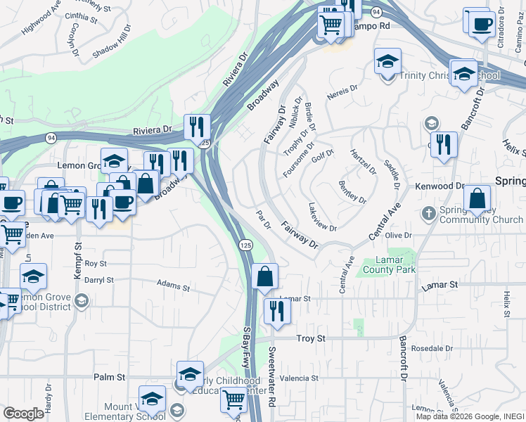 map of restaurants, bars, coffee shops, grocery stores, and more near 3368 Fairway Drive in La Mesa