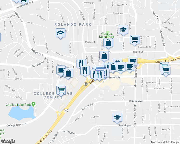 map of restaurants, bars, coffee shops, grocery stores, and more near 3629 Nassau Drive in San Diego