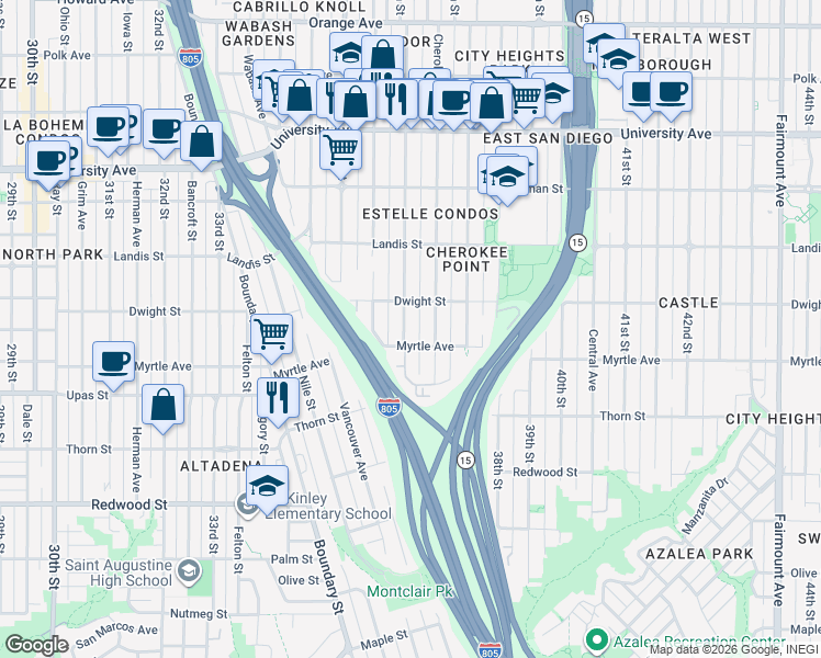 map of restaurants, bars, coffee shops, grocery stores, and more near 3541 36th Street in San Diego