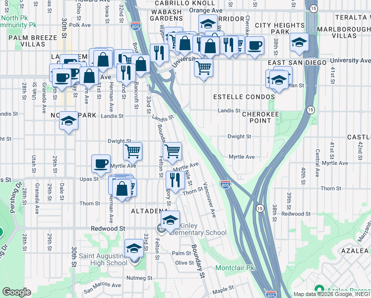 map of restaurants, bars, coffee shops, grocery stores, and more near in San Diego