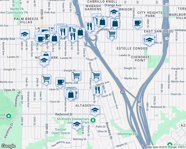 map of restaurants, bars, coffee shops, grocery stores, and more near 3585 Felton Street in San Diego