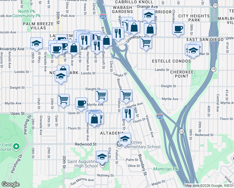 map of restaurants, bars, coffee shops, grocery stores, and more near 3585 Felton Street in San Diego