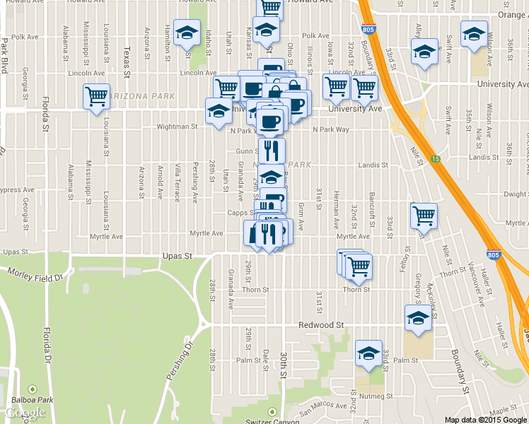 map of restaurants, bars, coffee shops, grocery stores, and more near 2938 Capps Street in San Diego