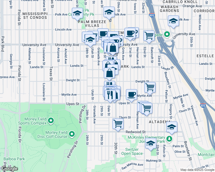 map of restaurants, bars, coffee shops, grocery stores, and more near 2938 Capps Street in San Diego