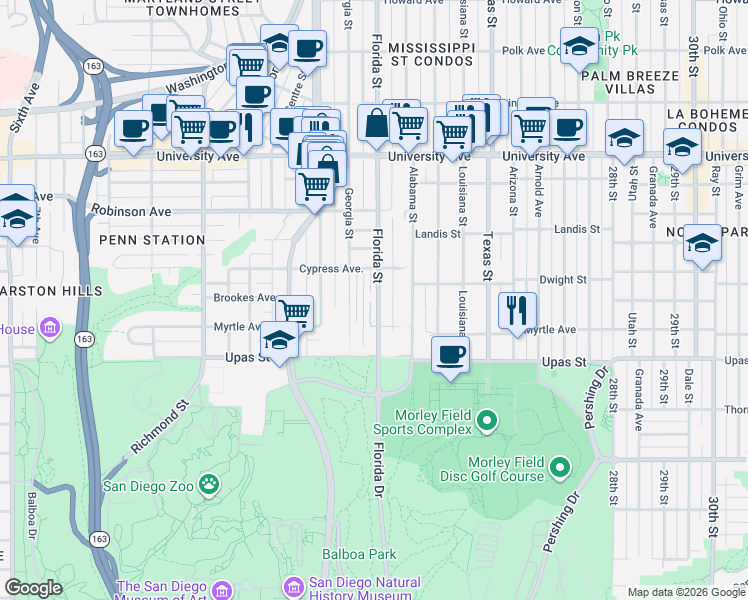 map of restaurants, bars, coffee shops, grocery stores, and more near 3606 Florida Street in San Diego