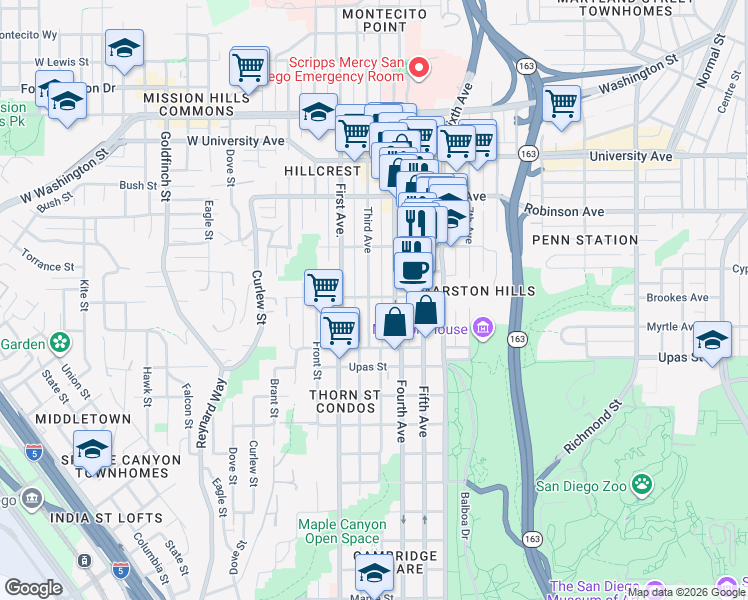 map of restaurants, bars, coffee shops, grocery stores, and more near in San Diego