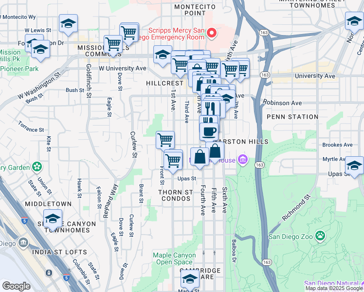 map of restaurants, bars, coffee shops, grocery stores, and more near 3605 1st Avenue in San Diego