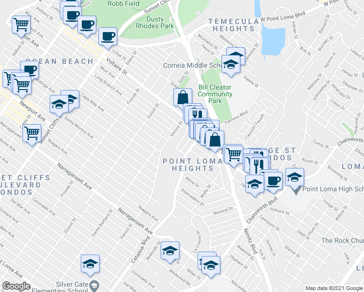 map of restaurants, bars, coffee shops, grocery stores, and more near in San Diego