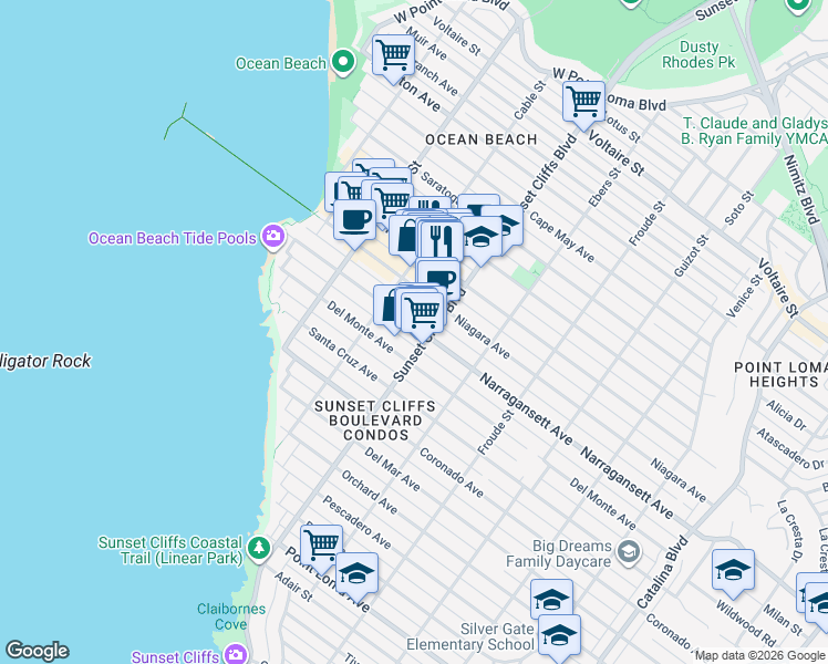 map of restaurants, bars, coffee shops, grocery stores, and more near 1822 Sunset Cliffs Boulevard in San Diego