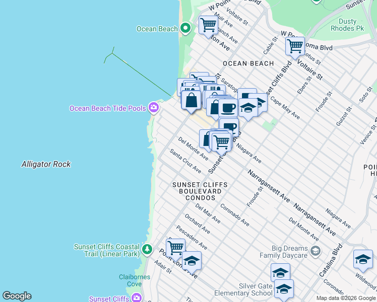map of restaurants, bars, coffee shops, grocery stores, and more near 4921 Del Monte Avenue in San Diego