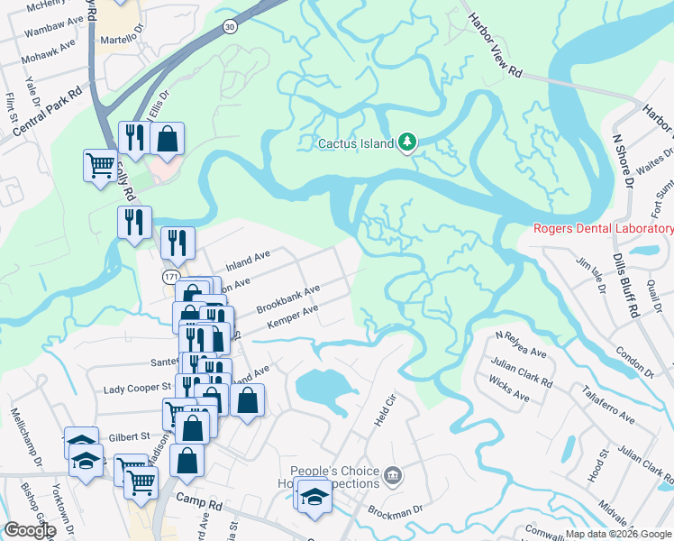 map of restaurants, bars, coffee shops, grocery stores, and more near 768 Sprague Street in Charleston