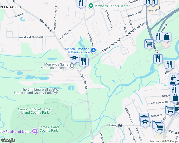 map of restaurants, bars, coffee shops, grocery stores, and more near 1971 Central Park Road in Charleston