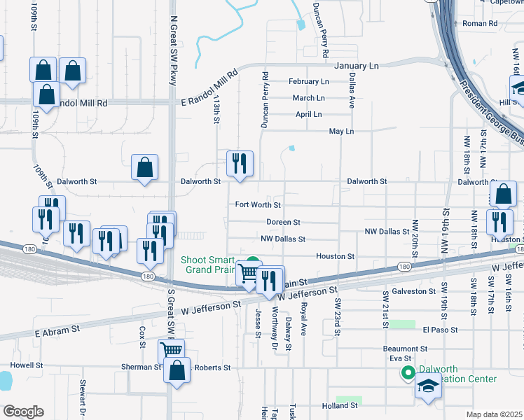 map of restaurants, bars, coffee shops, grocery stores, and more near 2445 Fort Worth Street in Grand Prairie