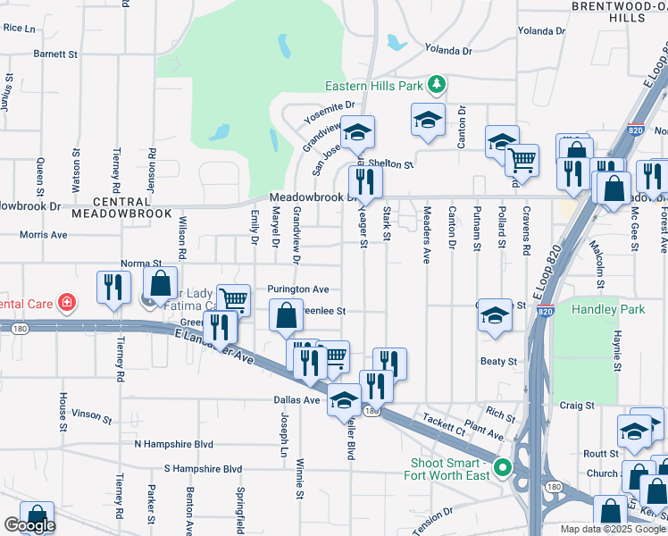 map of restaurants, bars, coffee shops, grocery stores, and more near 2504 Weiler Boulevard in Fort Worth