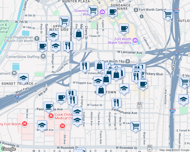 map of restaurants, bars, coffee shops, grocery stores, and more near 809 West Vickery Boulevard in Fort Worth