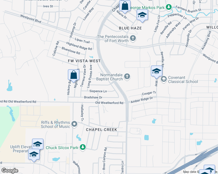 map of restaurants, bars, coffee shops, grocery stores, and more near 10401 Unity Drive in Fort Worth