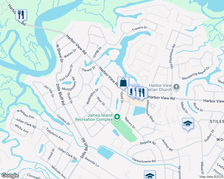 map of restaurants, bars, coffee shops, grocery stores, and more near 1054 Wellington Drive in Charleston