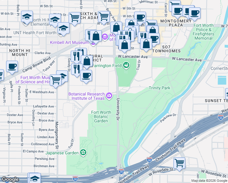 map of restaurants, bars, coffee shops, grocery stores, and more near 1600 Gendy Street in Fort Worth