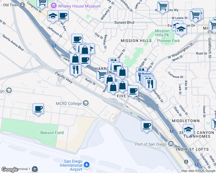 map of restaurants, bars, coffee shops, grocery stores, and more near 1895 Hancock Street in San Diego