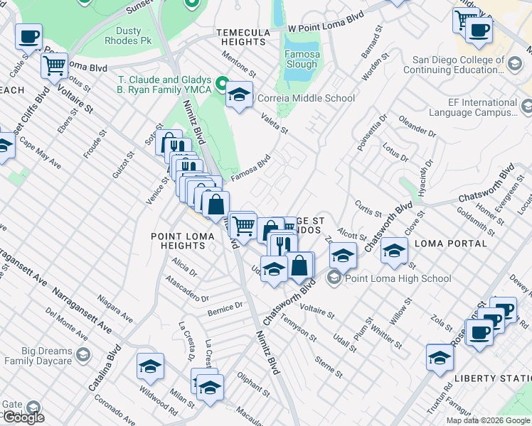 map of restaurants, bars, coffee shops, grocery stores, and more near 2298 Caminito Pajarito in San Diego