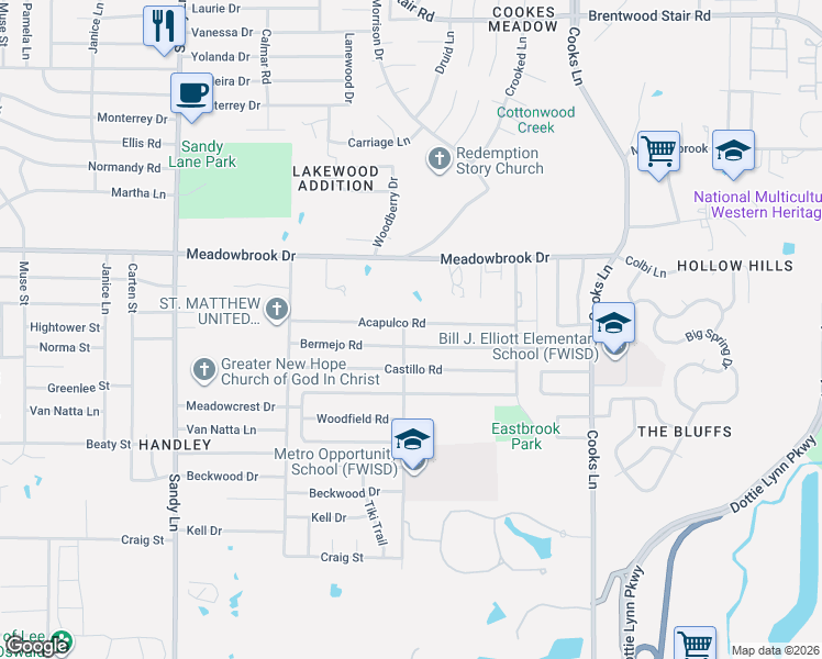 map of restaurants, bars, coffee shops, grocery stores, and more near 7701 Acapulco Road in Fort Worth