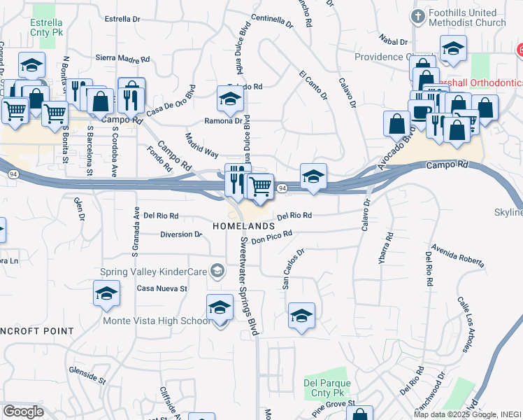 map of restaurants, bars, coffee shops, grocery stores, and more near 3515 Sweetwater Springs Boulevard in Spring Valley