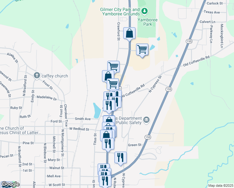 map of restaurants, bars, coffee shops, grocery stores, and more near 1625 U.S. 271 in Gilmer